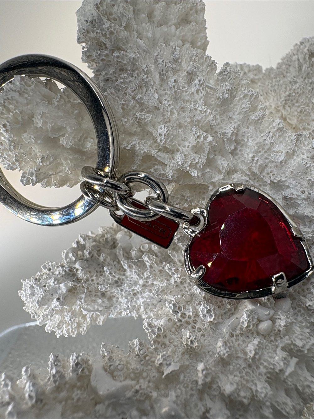 Coach Red Heart Crystal Keychain Silver Tone Key Ring
